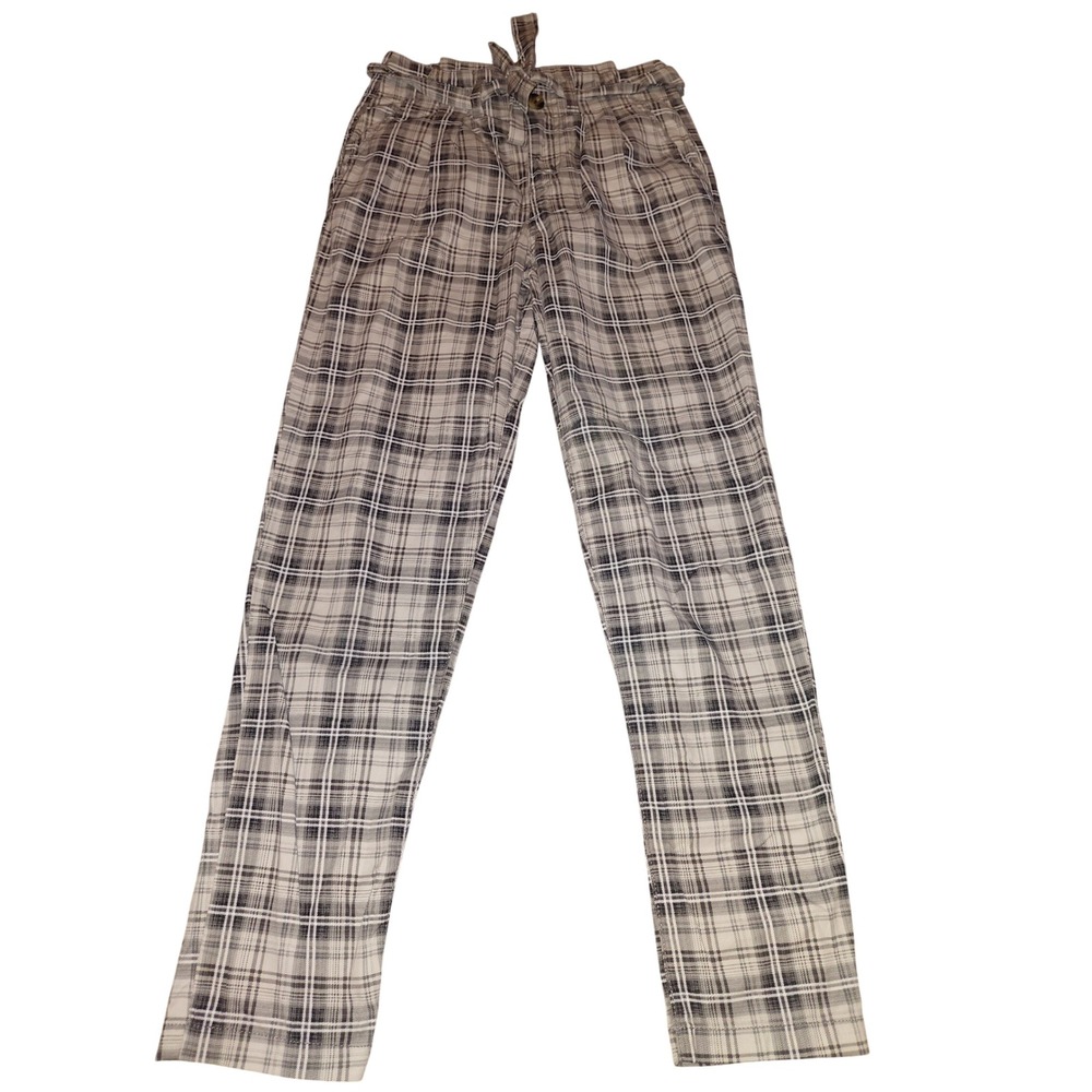 SO Grey Black Plaid Paperbag Waist Pants Women Size 3 Straight Leg Trousers